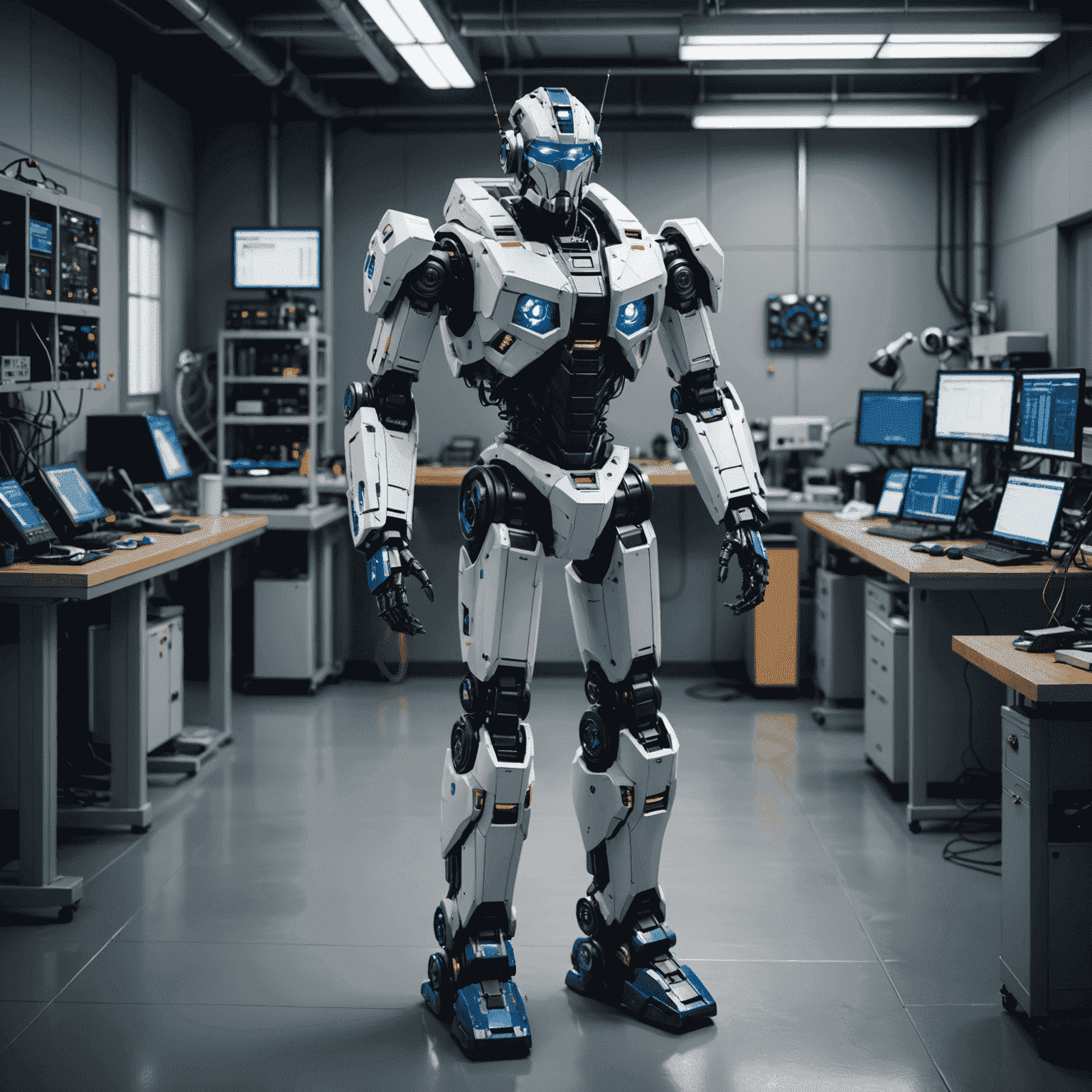 A sleek, humanoid Optimus Gen 2 robot standing in a modern laboratory setting, surrounded by advanced technological equipment
