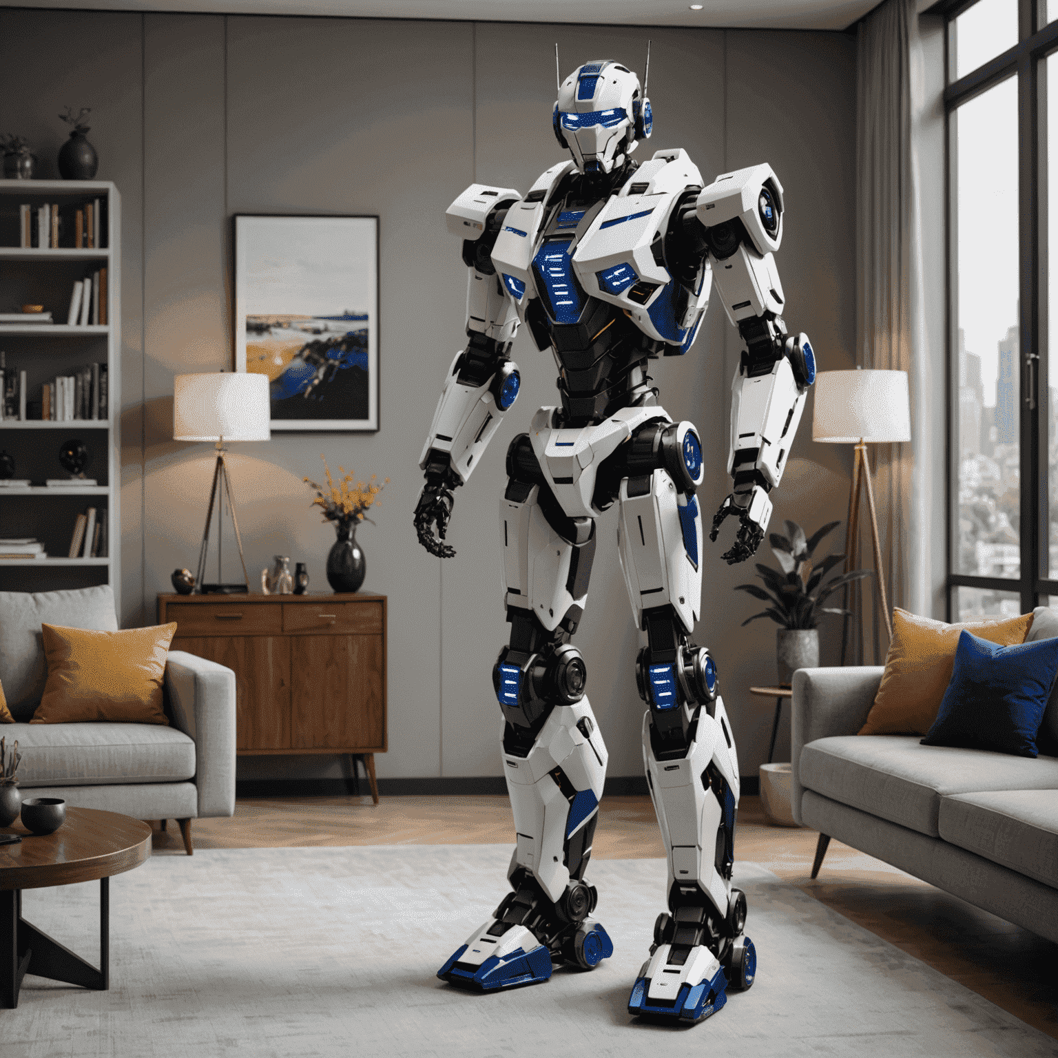 A sleek, humanoid robot Optimus Gen 2 standing in a modern living room, showcasing its advanced design and capabilities