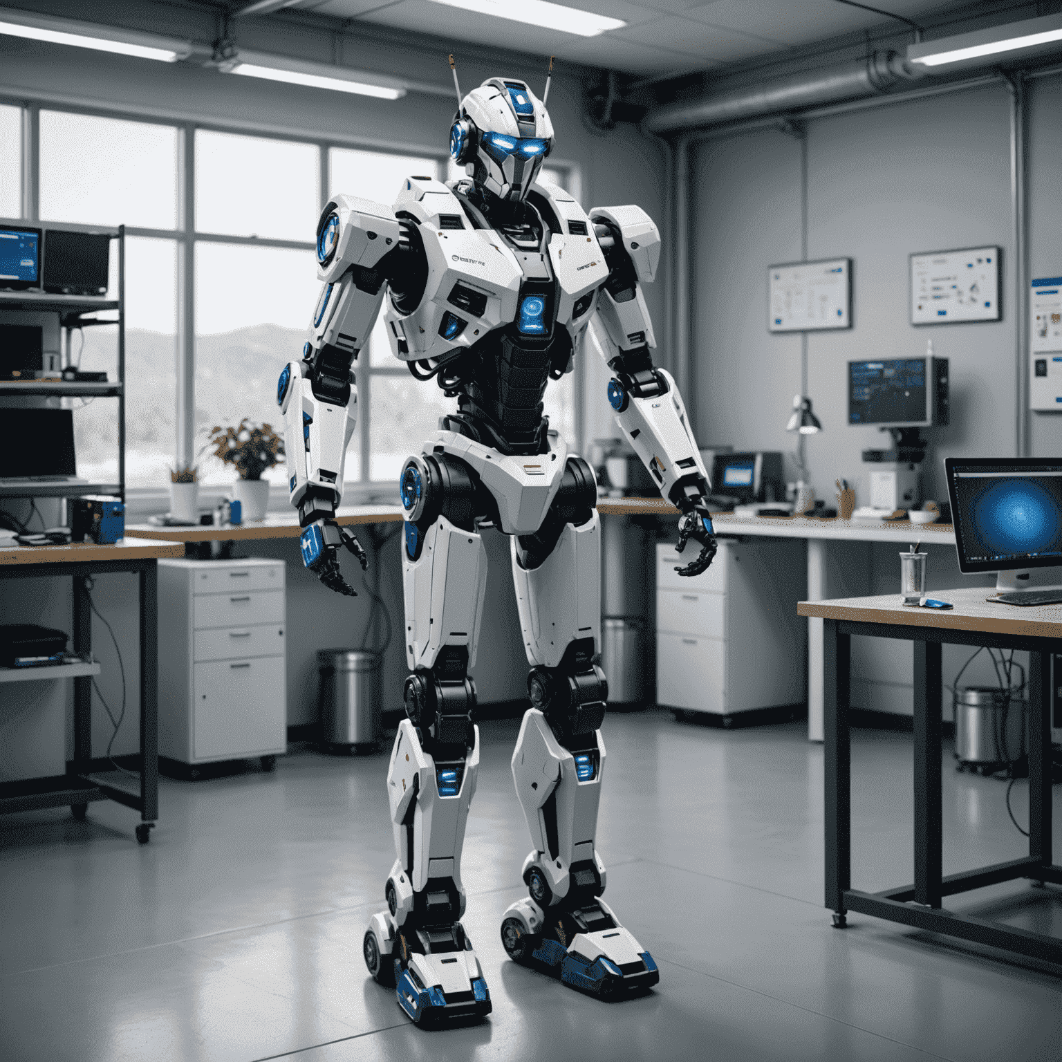 Optimus Gen 2 robot standing in a modern laboratory, showcasing its sleek design and advanced features