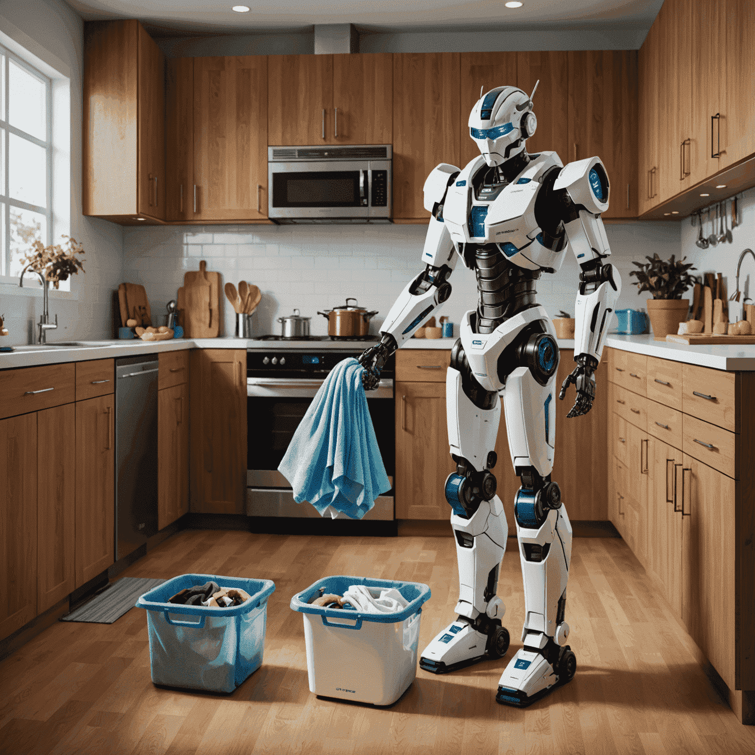 Optimus Gen 2 robot assisting with household chores in a modern kitchen, folding laundry and organizing items