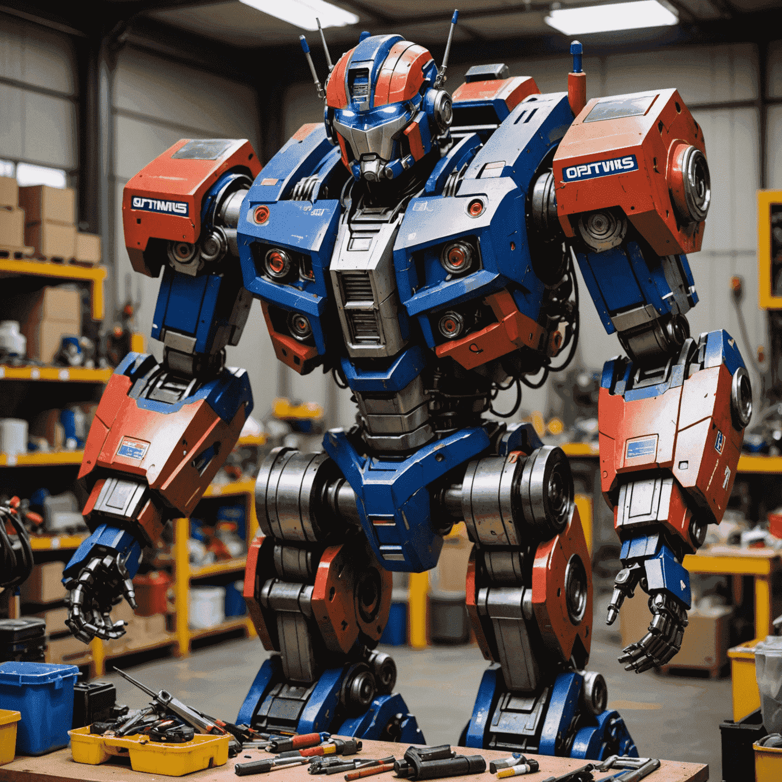 Optimus Gen 2 robot being maintained by a technician, with various tools and cleaning supplies visible