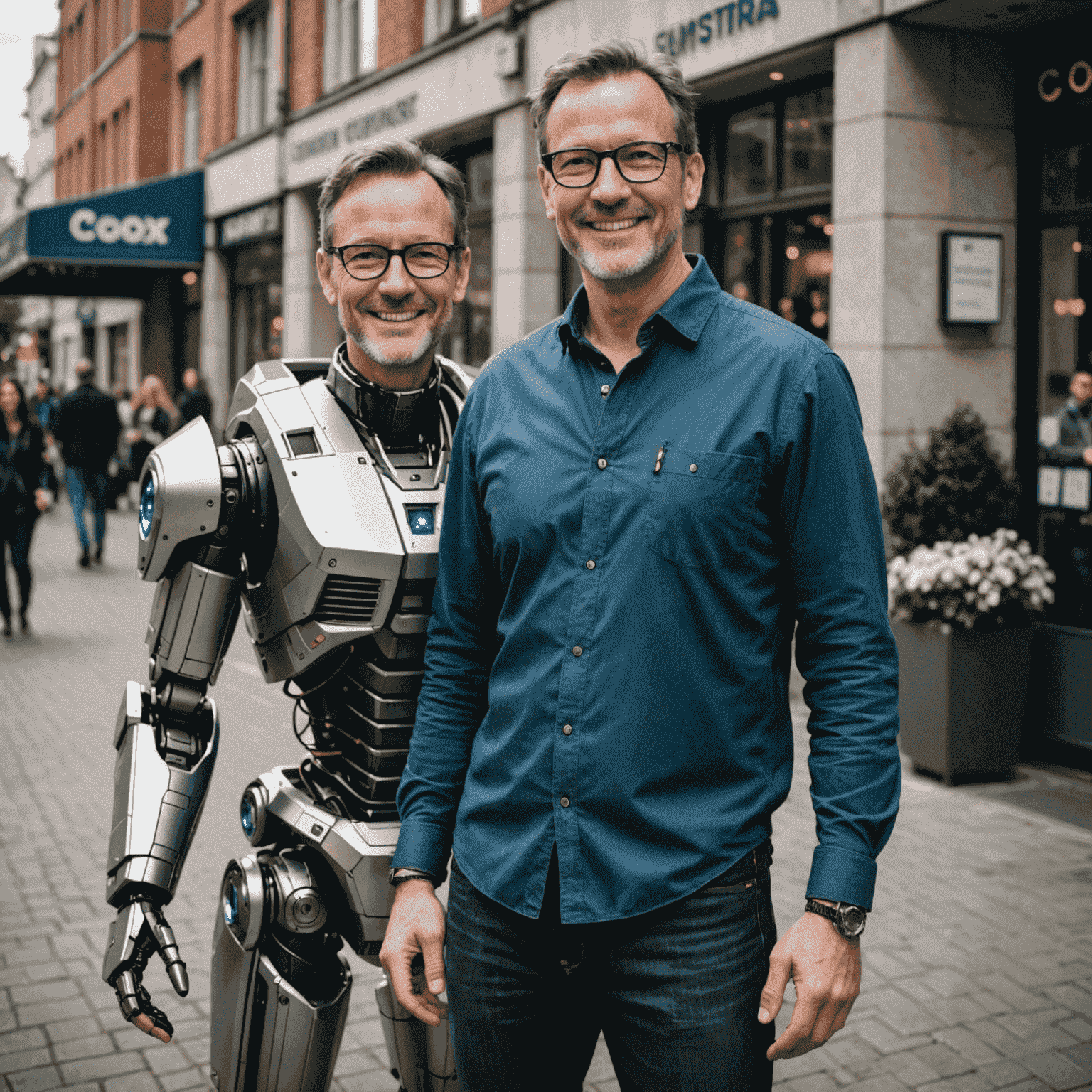 Portrait of the blog author, a middle-aged person with a friendly smile, wearing smart casual attire and standing next to an Optimus Gen 2 robot