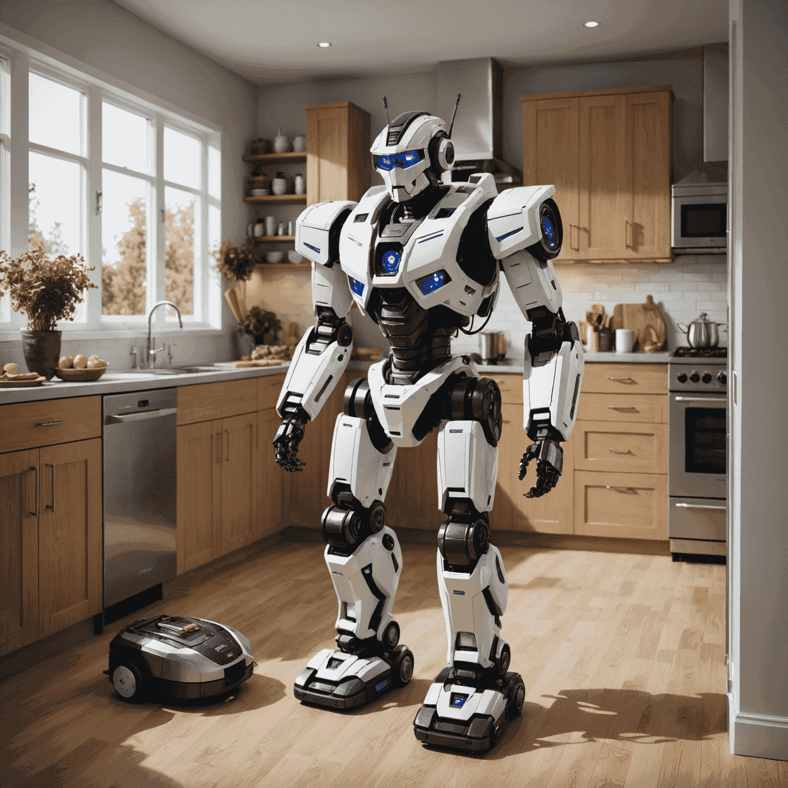 An Optimus Gen 2 robot performing various household tasks such as cleaning, cooking, and organizing. The image shows the robot seamlessly integrated into a modern home environment.