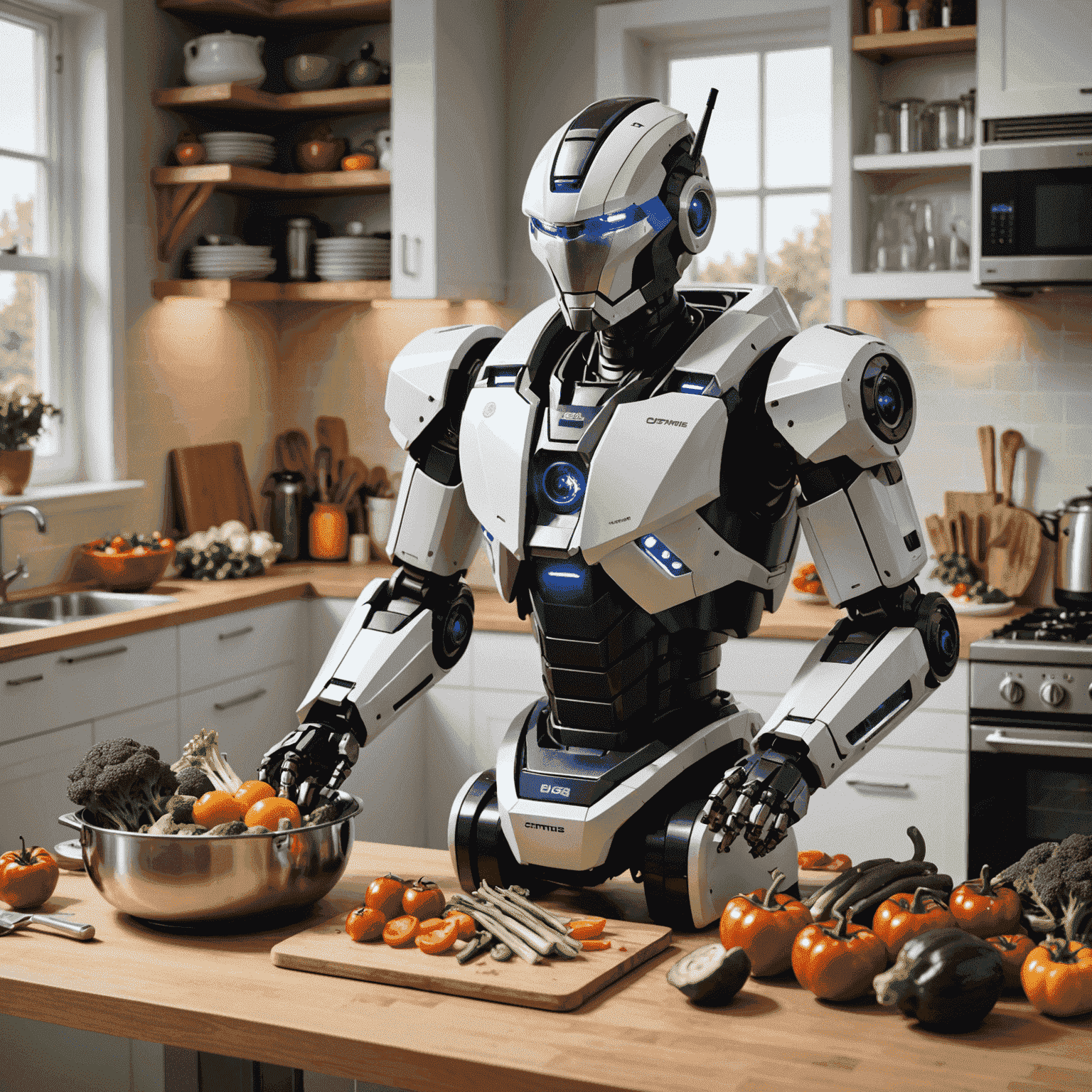 Optimus Gen 2 robot in a kitchen, preparing a meal by chopping vegetables and monitoring multiple cooking appliances