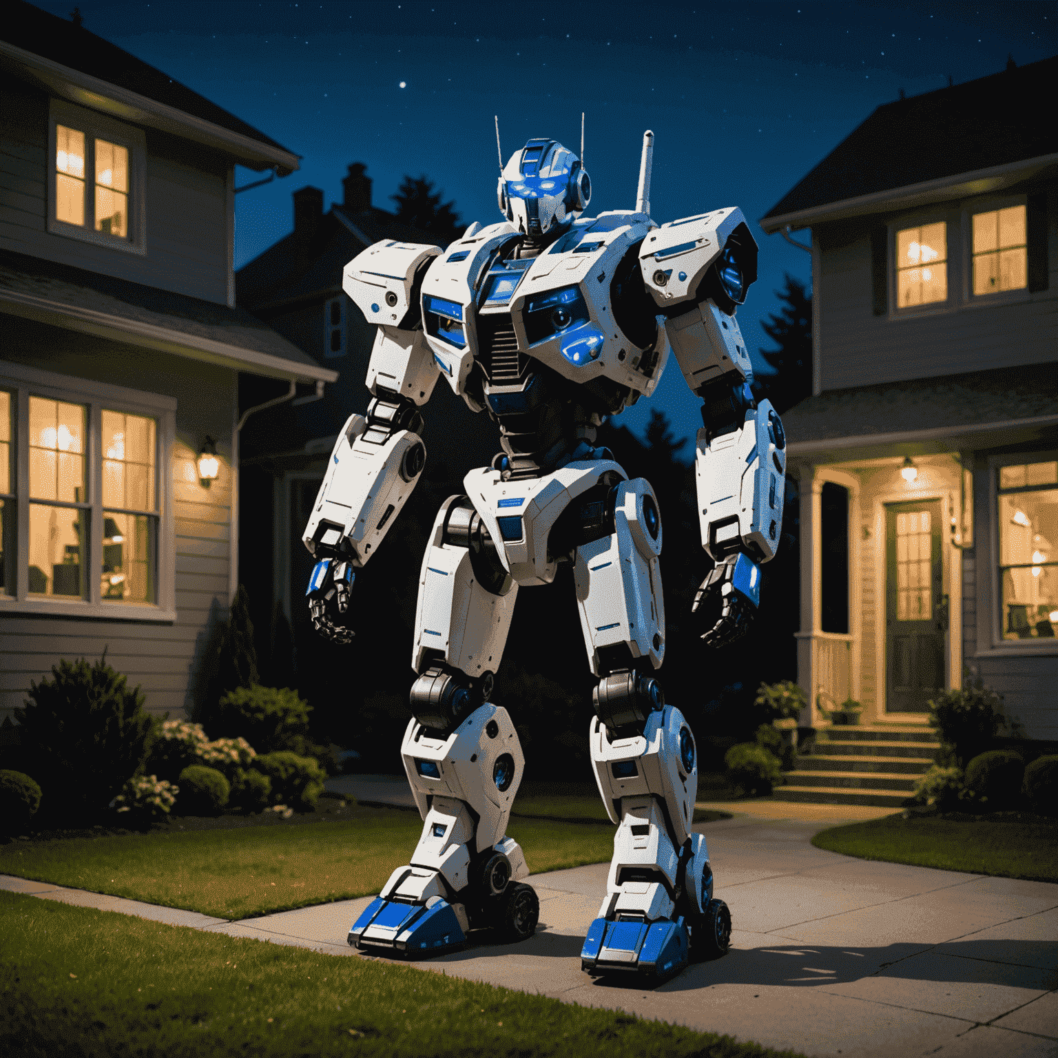 Optimus Gen 2 robot patrolling a home at night, using its sensors to detect any unusual activity