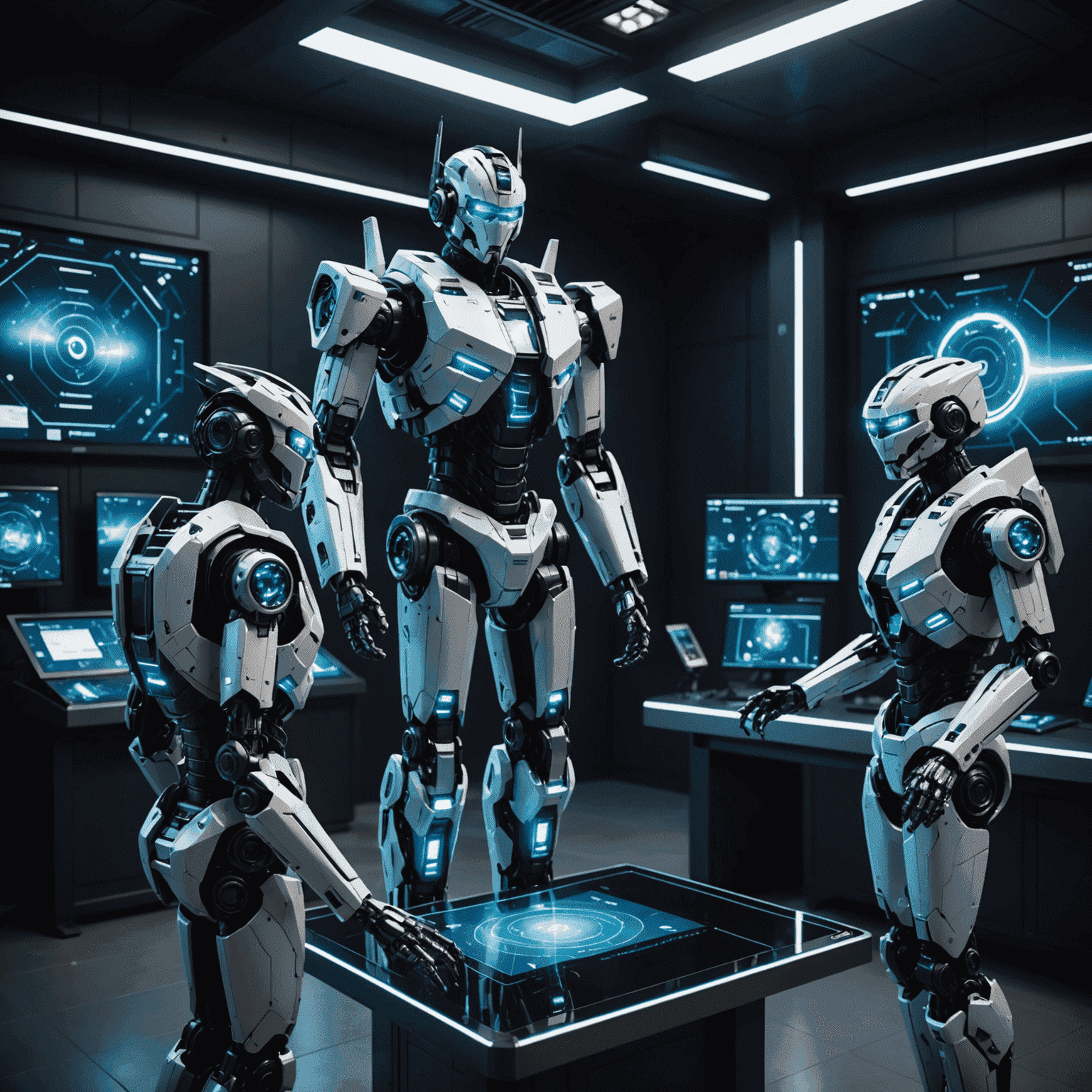 A futuristic scene showing Optimus Gen 2 robots interacting with advanced AI interfaces and holographic displays
