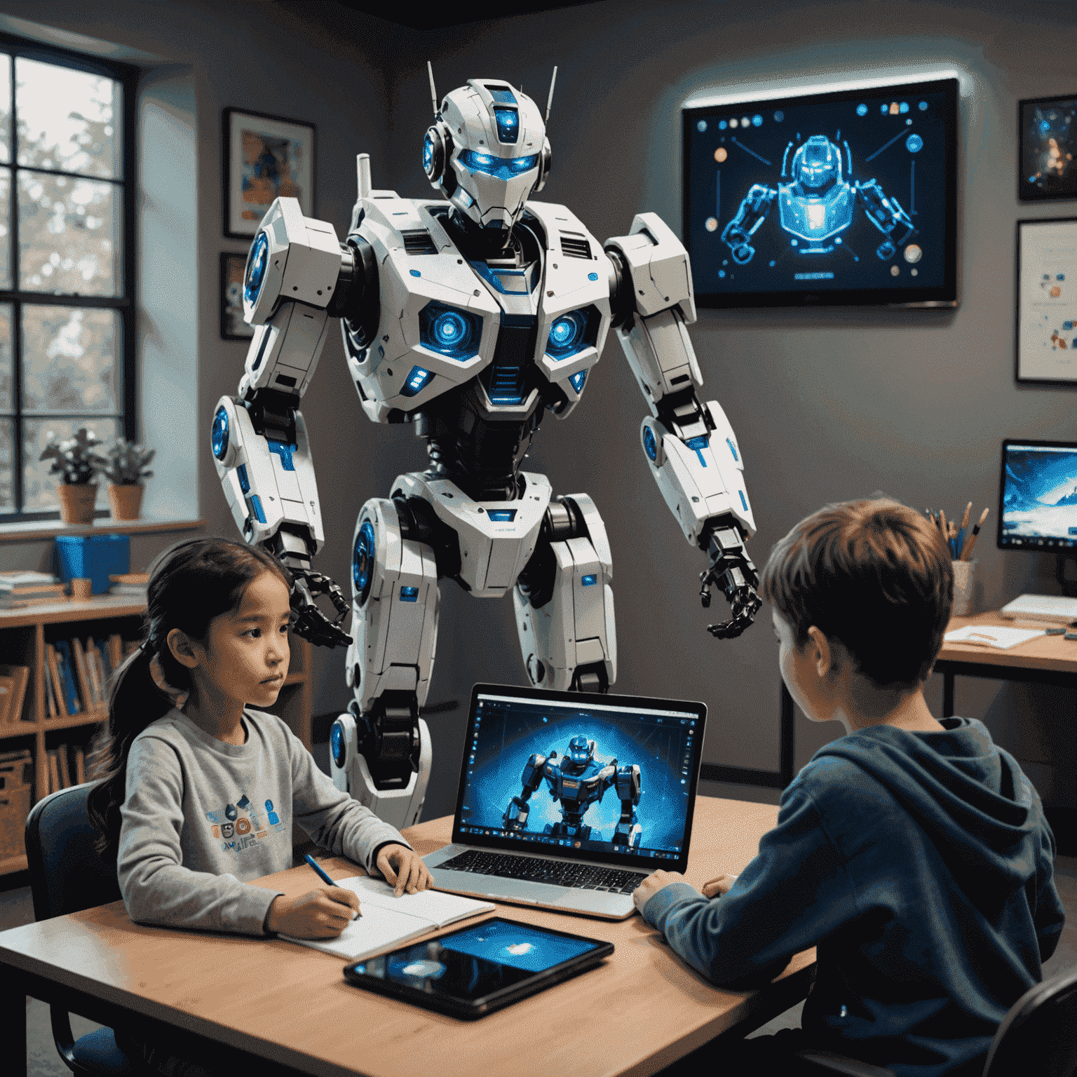 Optimus Gen 2 robot in a study room, helping a child with homework and displaying educational content on a holographic screen